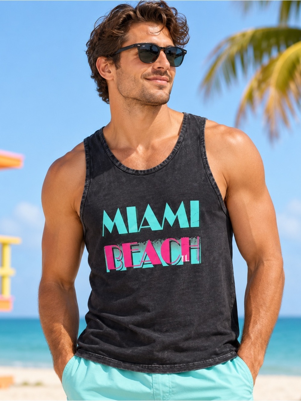 Vtg Miami Beach Tank Top Muscle Shirt Size Medium 80s 90s Graphic